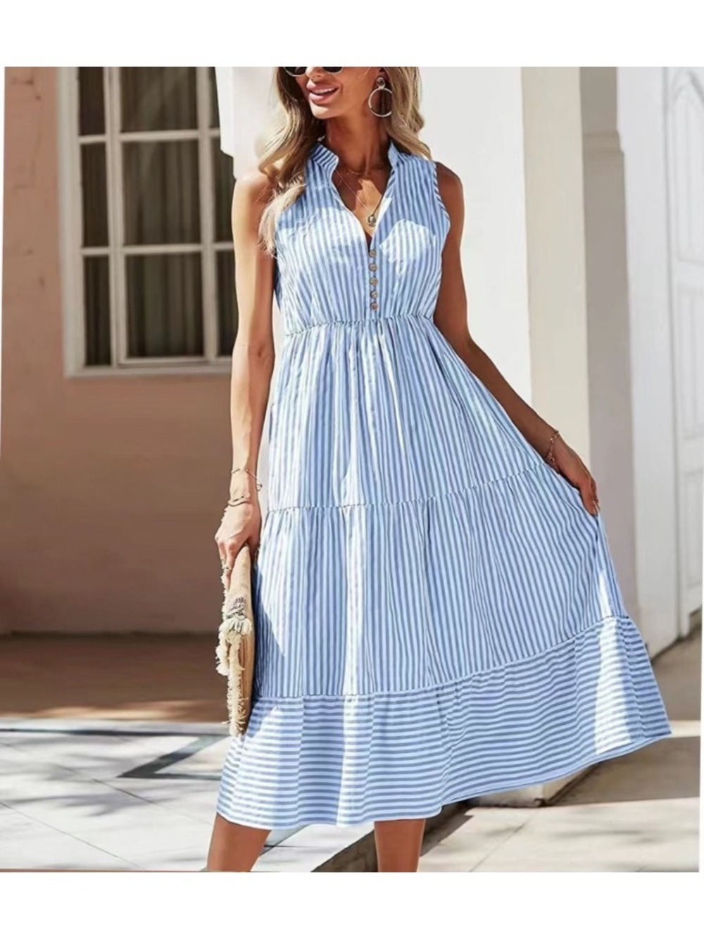 Striped Sleeveless Midi Dress in Light Blue - Effortless Summer Style